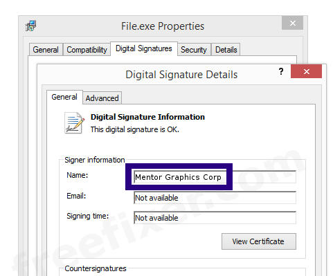 Screenshot of the Mentor Graphics Corp certificate